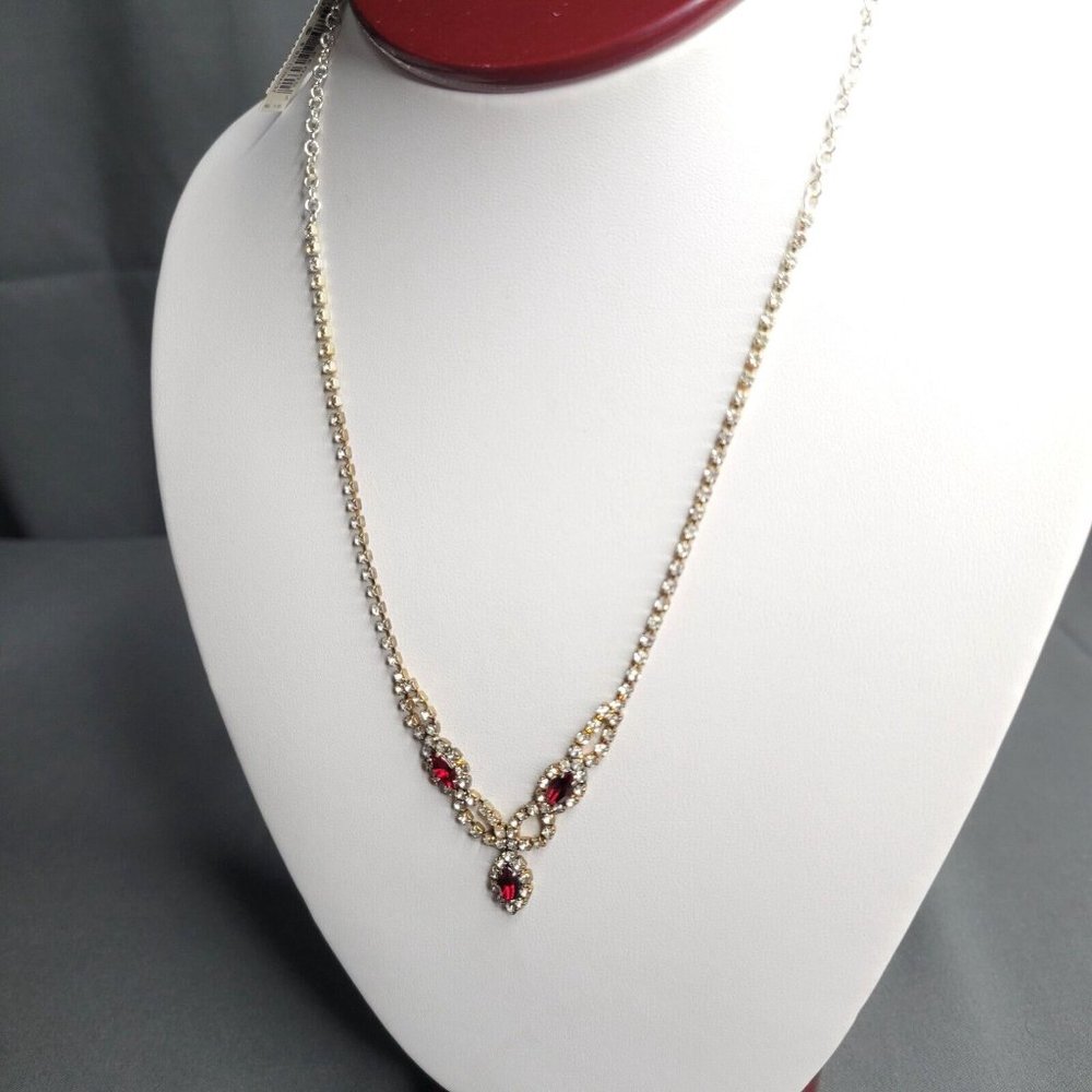 Vintage Vieste Red White Austrian Genuine Crystals Gold Tone Fashion Necklace - Picture 4 of 7